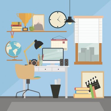 Oda ofis. Belge ve ileti örneği ile bilgisayar Masası ayarlayın. Modern işyerleri