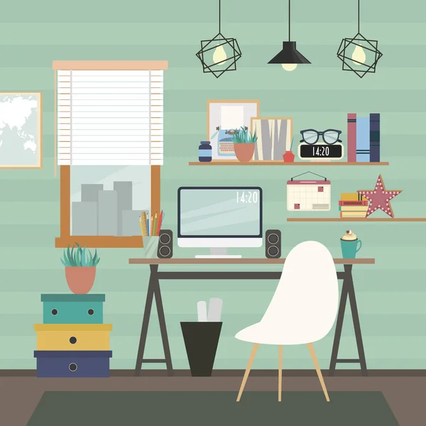 Oda ofis. Belge ve ileti örneği ile bilgisayar Masası ayarlayın. Modern işyerleri