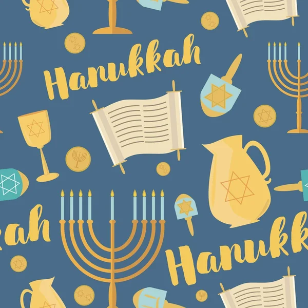 Hanukkah Fundo Com Símbolos Tradicionais Chanukah Padrão Sem Costura Ilustração —  Vetores de Stock