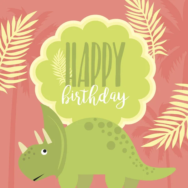 Tarjeta Feliz Cumpleaños Con Dinosaurio Divertido Ilustración Vectorial — Vector de stock
