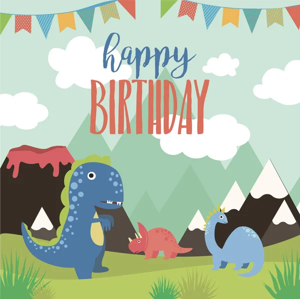 Doğum Günü Kartı Ile Eğlenceli Dinozor Vektör Çizim — Stok Vektör