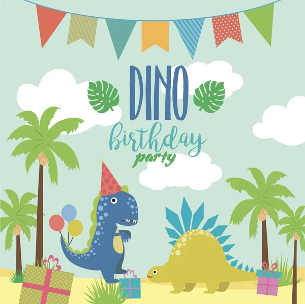 Födelsedagskort Med Roliga Dinosaurie Vektorillustration — Stock vektor