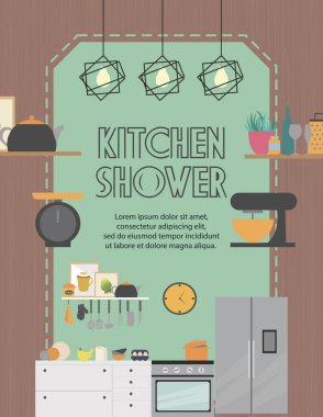 Mobilya ve pişirme cihazları ile mutfak duş kartı. Çizgi film gerçekçi düz tasarım mutfak. Vektör çizim