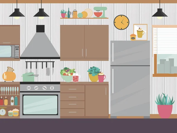 Сучасний Інтер Кухні Меблями Кухонними Приладами Мультфільм Реалістичний Плоский Дизайн — стоковий вектор