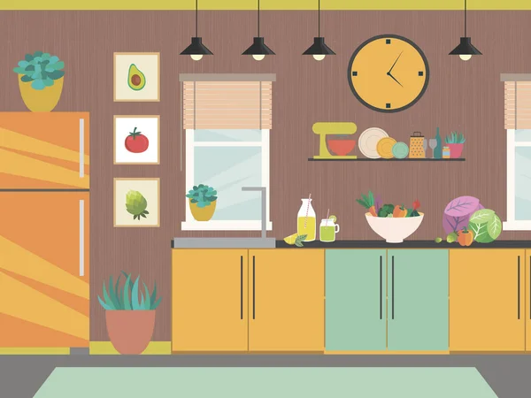 Moderne Keuken Interieur Met Meubels Keuken Apparaten Cartoon Realistische Vlakke — Stockvector