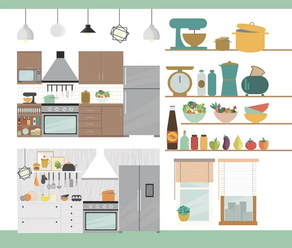 Μοντέρνα Κουζίνα Εσωτερικό Έπιπλα Και Συσκευές Μαγειρέματος Καρτούν Ρεαλιστική Επίπεδη — Διανυσματικό Αρχείο