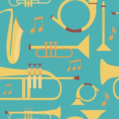 Müzik aletleri ile kesintisiz müzik desen. Vektör çizim