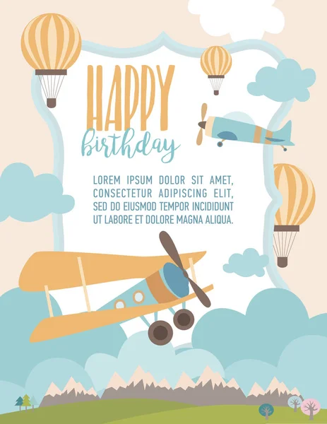 Mutlu Doğum Günü Çizgi Film Kartı Hava Balon Uçak Ile — Stok Vektör