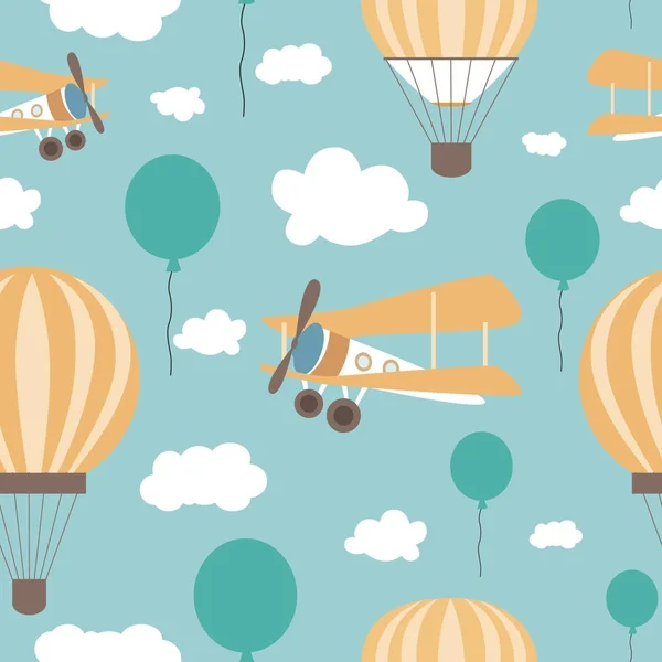 Seamless Pattern Air Balloons Plane Vector Illustration — Stock Vector