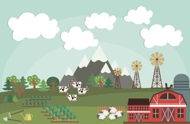 Çiftlik tarım manzara kartı çiftçi ürünleri ile taze çiftlik sebze ve meyve doğal gıda karikatür. Vektör çizim