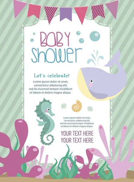 Baby Shower Card Cartoon Undersea World Vector Illustration — Stock Vector