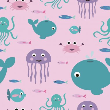 Çocuk çizgi film denizaltı dünya ile Seamless modeli. Vektör çizim