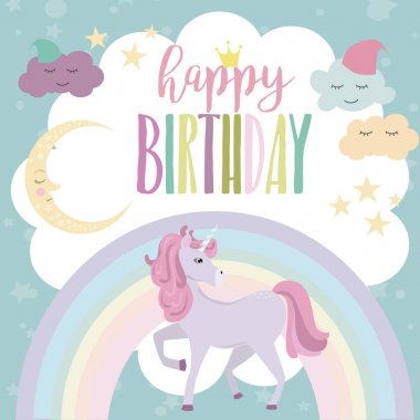 Tek boynuzlu at ve rainbow ile sihirli parti kartı. Doğum günü tebrik veya davet afişi. Vektör çizim