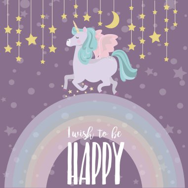 Tek boynuzlu at ve rainbow ile sihirli parti kartı. Doğum günü tebrik veya davet afişi. Vektör çizim