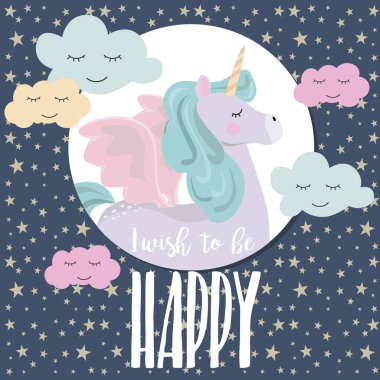 Tek boynuzlu at ve rainbow ile sihirli parti kartı. Doğum günü tebrik veya davet afişi. Vektör çizim