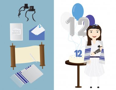Reform Jewish girl Bat mitzvah with Jewish elements, cake and balloons clipart
