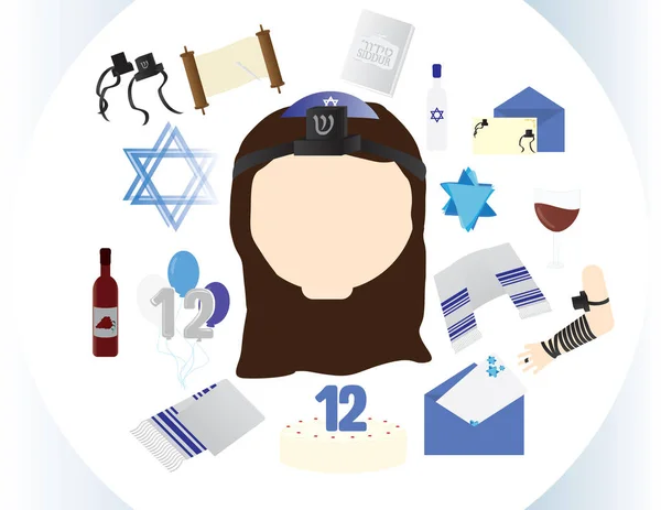 Reforma icono de chica judía con elementos tradicionales de Bat mitzvah — Vector de stock