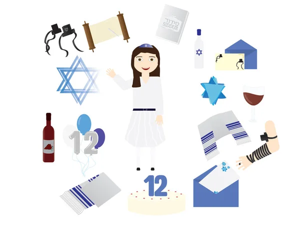 Réforme fille juive avec des éléments traditionnels Bat mitzvah — Image vectorielle