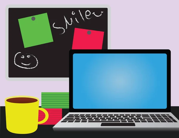 Ofis büro dizüstü bilgisayar, yazı tahtası ve kahve — Stok Vektör