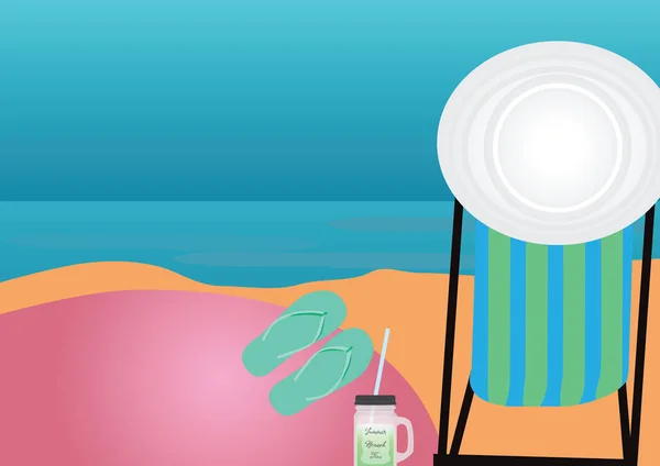 Silla de playa, sombrero, bebida fría y chanclas con vistas al mar — Vector de stock