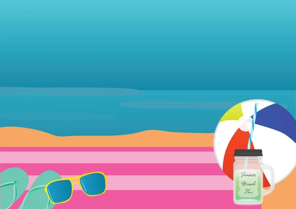 Fondo de playa con toalla, bebida fría, gafas de sol y chanclas — Vector de stock