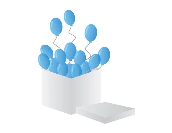 Blaue Luftballons fliegen aus einem weißen Kasten — Stockvektor