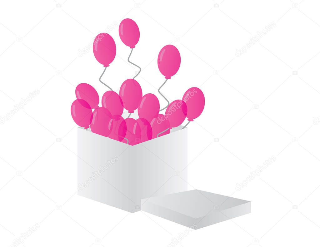 Pink balloons flying from a white box