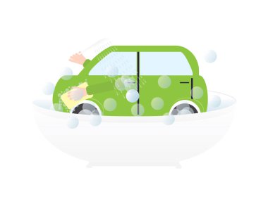 Oto yıkama vektör çizim. Yeşil araba banyo