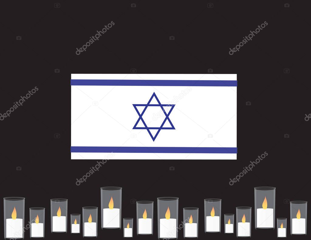 Israel memorial day banner. Blue and white flag, memorial candles