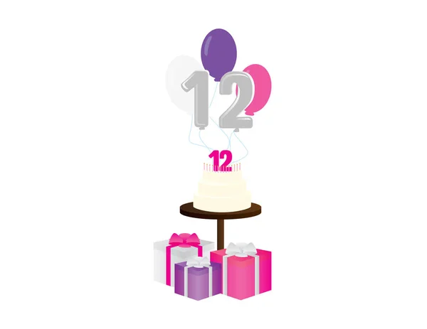 Mädchen 12. Geburtstag Vektorillustration. Geburtstagstorte, Luftballons und Geschenkbox — Stockvektor