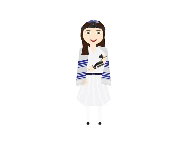 Reformar menina judia com tefillin e tallit ilustração vetorial. Menina comemorando Bat mitzvah, yom kippur, rosh hashanah, feriados judaicos — Vetor de Stock