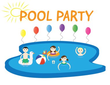Yaz havuz partisi afiş beyaz arka plan ve renkli balonlar 