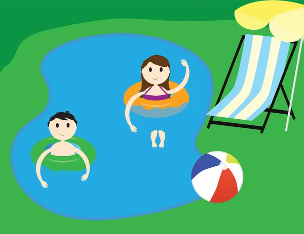 Bambini in un lago. Illustrazione vacanza estiva — Vettoriale Stock