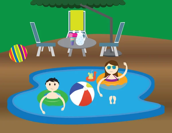 家のプールでの子供たち。夏の休暇の図 — ストックベクタ