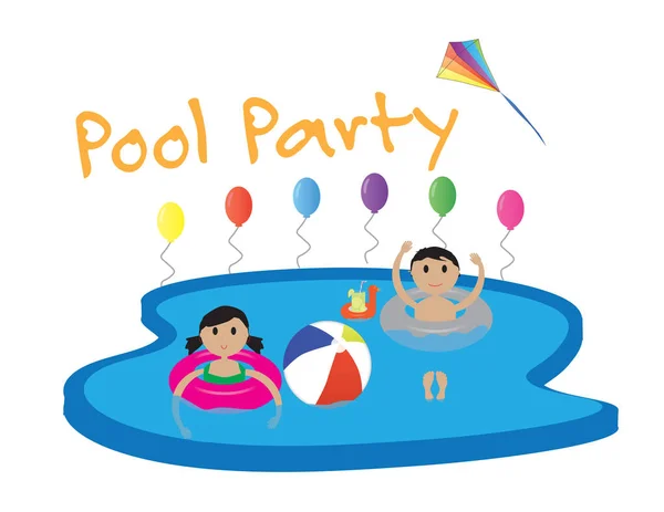 Summer pool party banner with white background, balloons and colorful kite — Stock Vector