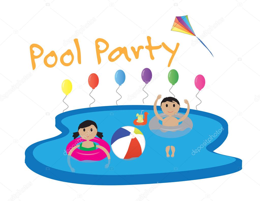 Summer pool party banner with white background, balloons and colorful