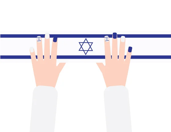 Deux mains avec vernis à ongles bleu et blanc sur fond horizontal drapeau d'Israël — Image vectorielle