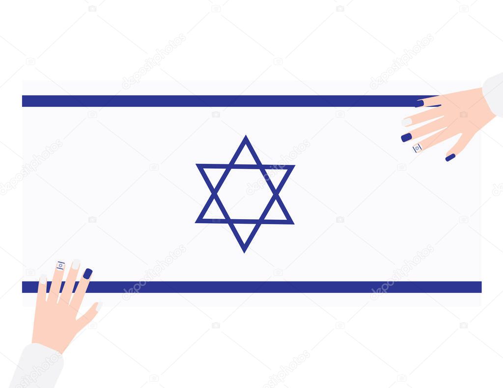 Two hands with blue and white nail polish on Israel flag background