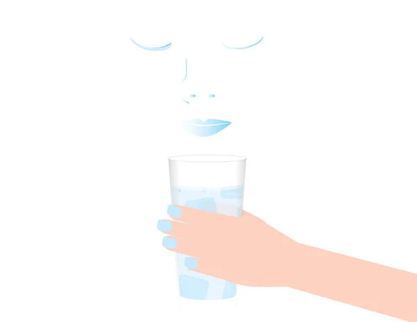 Mujer cara y mano con vaso de agua sobre fondo blanco — Vector de stock