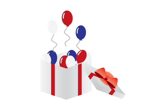 Ikone vom 4. Juli - rote, blaue und weiße Luftballons fliegen aus einer weißen Schachtel mit roter Schleife — Stockvektor