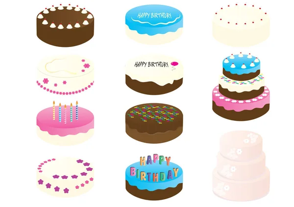 Süslü Pastalar kümesi. Doğum günü pastaları kekleri düğün izole çizimler vektör — Stok Vektör