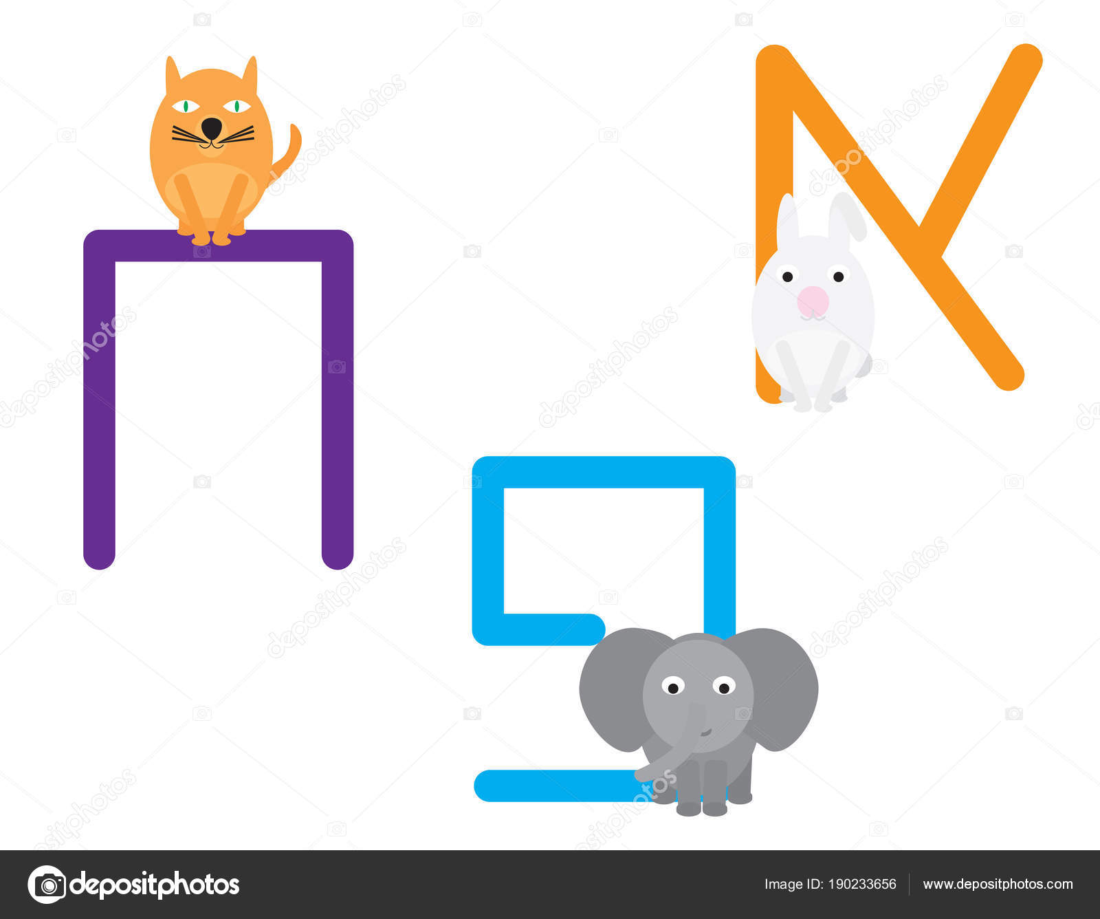 Lettres Hébraïques Avec Dessin Animé Animaux Chat éléphant