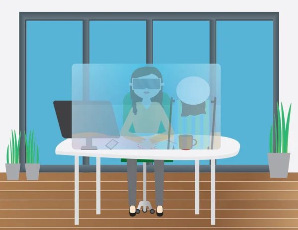Office sanal gerçeklik gözlüklü kadın. Yaz tatil vr oyun ve ofis iç — Stok Vektör