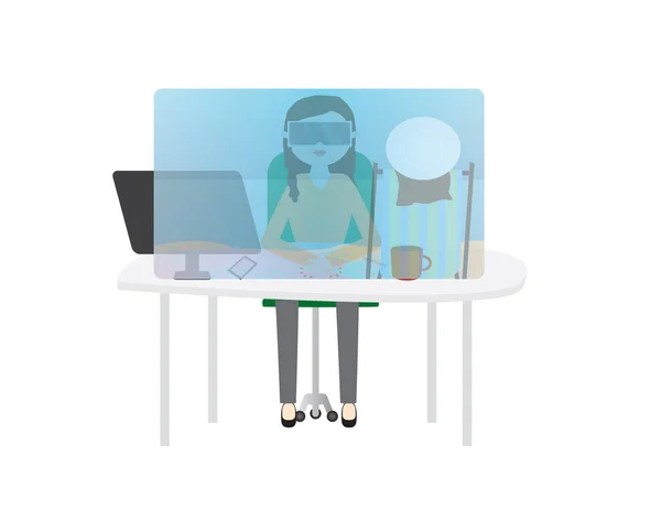 Office sanal gerçeklik gözlüklü kadın. Yaz tatil vr oyunu — Stok Vektör