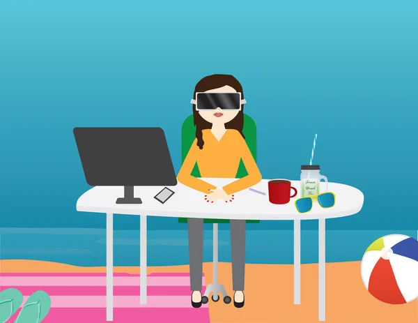 Sanal gerçeklik vektör çizim. Office sahilde sanal gerçeklik gözlüklü kadın — Stok Vektör