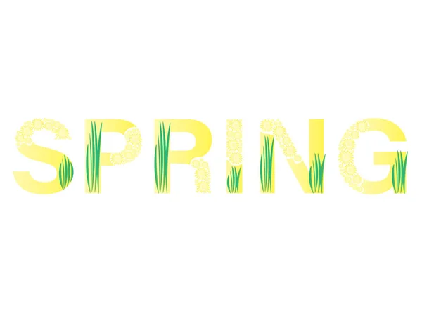 Le mot ressort. Texte jaune avec fleurs jaunes et herbe verte sur fond blanc — Image vectorielle