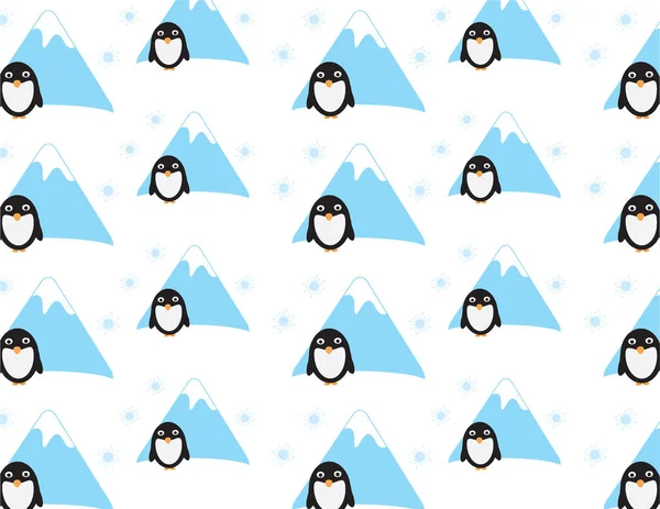 Cute penguin with mountain and snowflakes pattern background — Stock Vector