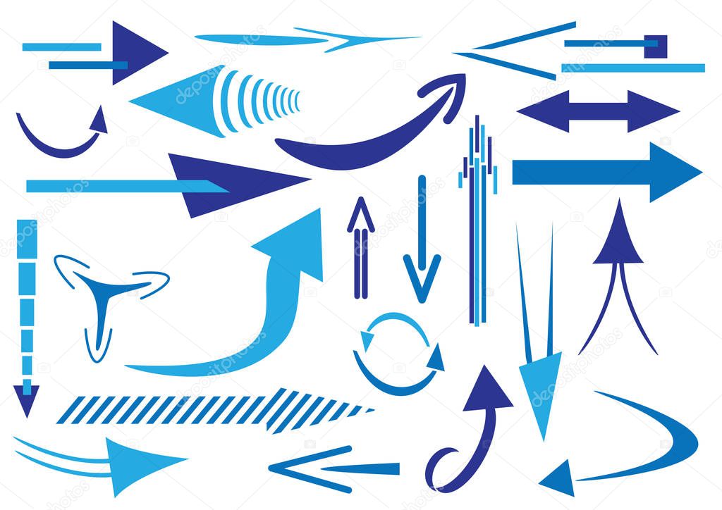 Blue vector arrows different shapes and directions