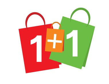 Satışı büyük başlığı bir satın almak bir özgür. 1 + 1 satılık afiş metin üzerinde alışveriş torbaları