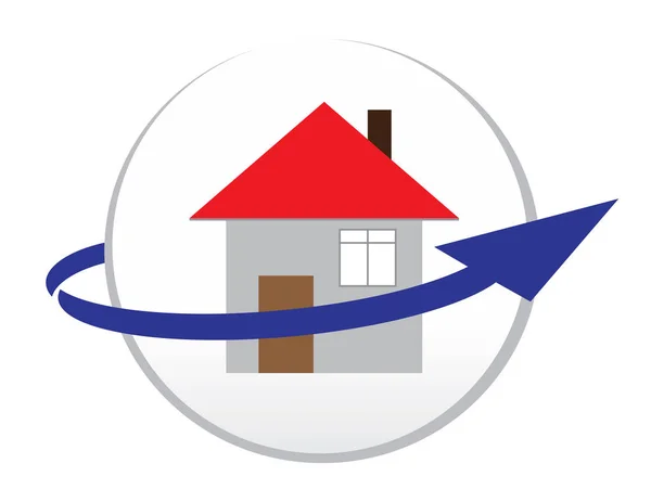 Cirkel huisje met blauwe pijl — Stockvector